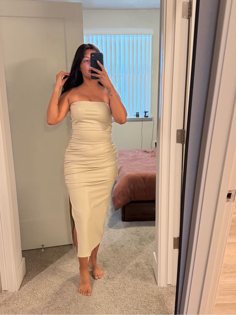 Zara Strapless Cream Midi Dress with Side Slit
